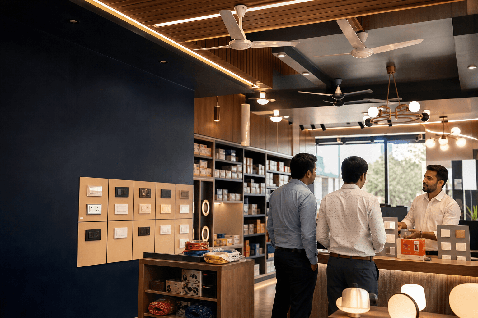Customers discussing electrical solutions in a modern showroom